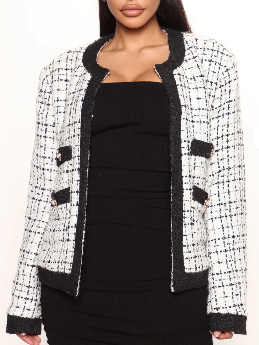 Fashion Nova Black & White Tweed Collarless Blazer